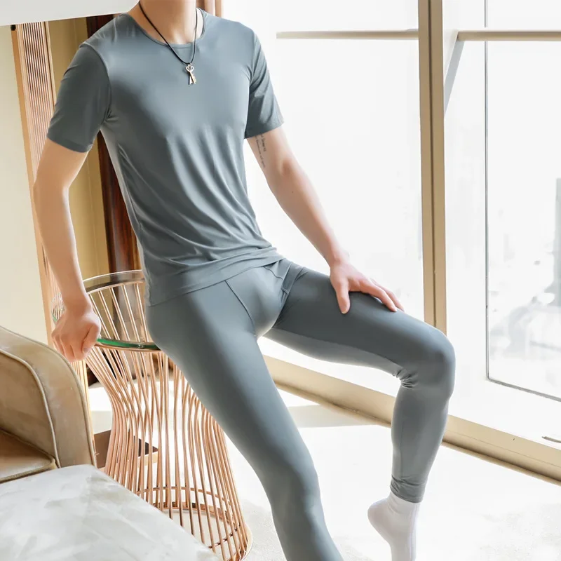 Men's Ice Silk Homewear Set Sheer Smooth Breathable High Elastic T-shirt + Pants Loungewear Ultra-thin Quick Dry Bottom Lingerie