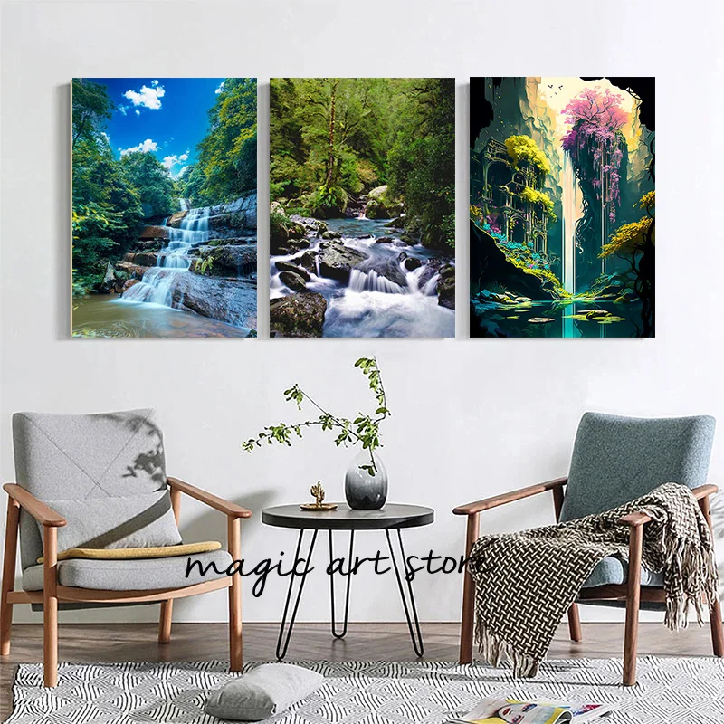 Waterfall In Forest Trees Nature Sunset Mountains Landscape Art Poster Canvas Painting Wall Print Picture Living Room Home Decor