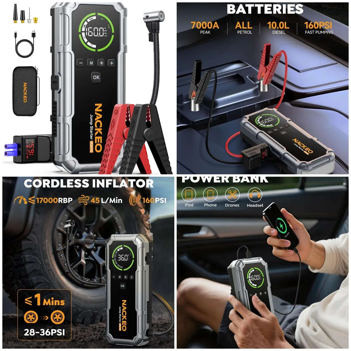 

7000A Portable Jump Starter with Air Compressor, 160PSI, 12V, LCD Display, Jumper Cables