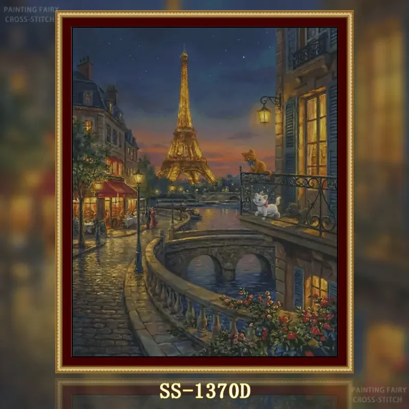 | 14CT 11CT 16CT Stamped Cross Stitch Kit, DIY Embroidery Needlework Set with Printed Canvas and Cot[ZZ8588-Parisian Night Cat]