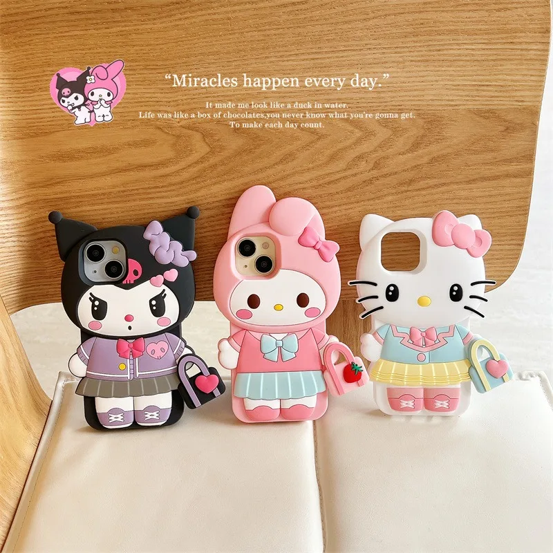 Sanrio Cartoon Bag KT Cat HelloKitty Stereoscopic Phone Case for IPhone 16 15 14 13 12 11 Pro Max Soft Silicone Back Cover Funda