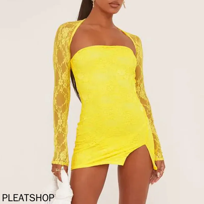 Abito da donna europeo e americano autunno nuova moda prospettiva sexy avvolgente sul petto manica lunga modellatura del corpo abito in pizzo anca femminile