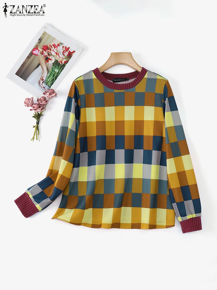 

ZANZEA Autumn Long Sleeve Tunics Fashion Women Knitted T-Shirts 2025 Casual O-Neck Vintage Tops Rainbow Plaid Print Stylish Tees