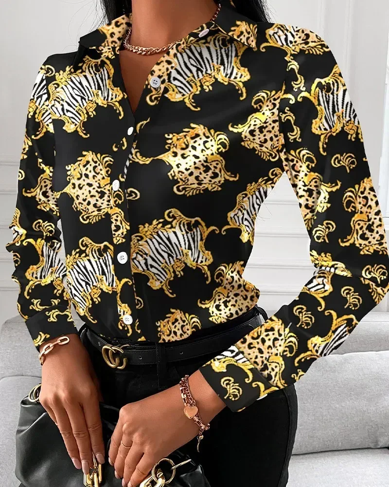 Women\'sS-XXLsizeAutumn loose sleeved V-neck button printed shirt shirt for women versatile and fashionable showcasing a relaxed