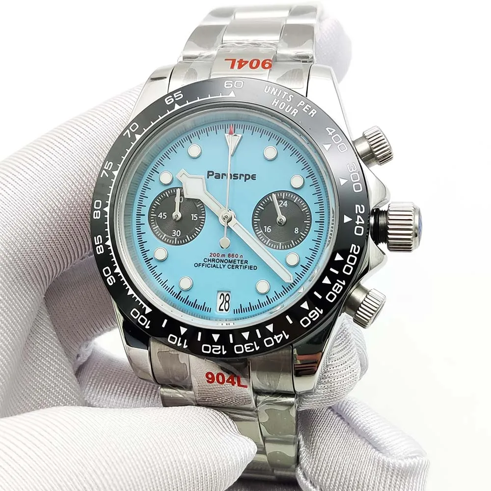 Parnsrpe - ساعة كوارتز رياضية كاجوال للرجال، حركة Vk64، زجاج ياقوتي، قرص أزرق معقم بتقويم