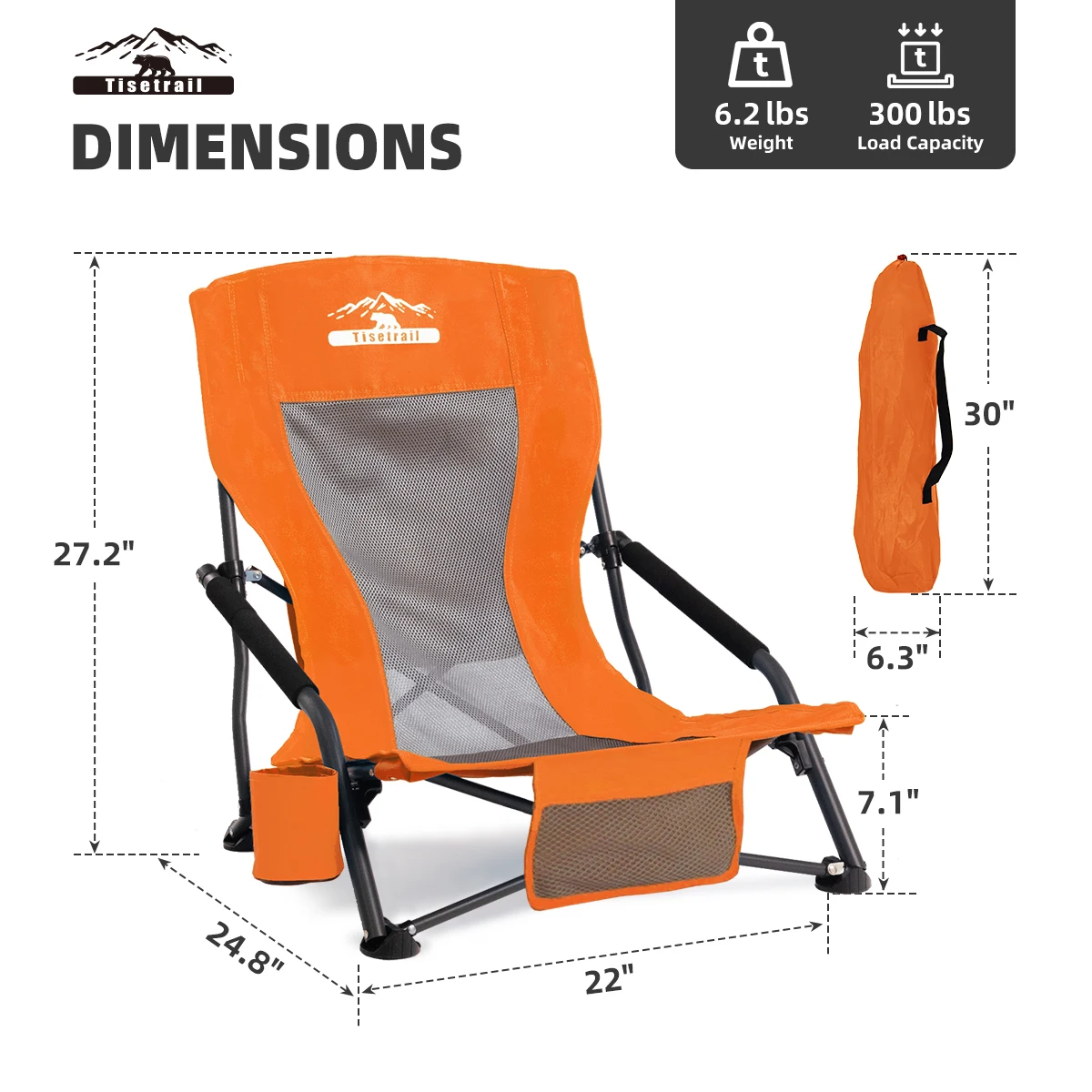 Tisetrail Portable Beach Chair for Adults Low Back Sling Chair with Cup Holder Folding Mesh Sand Chair Lightweight Chair Orange