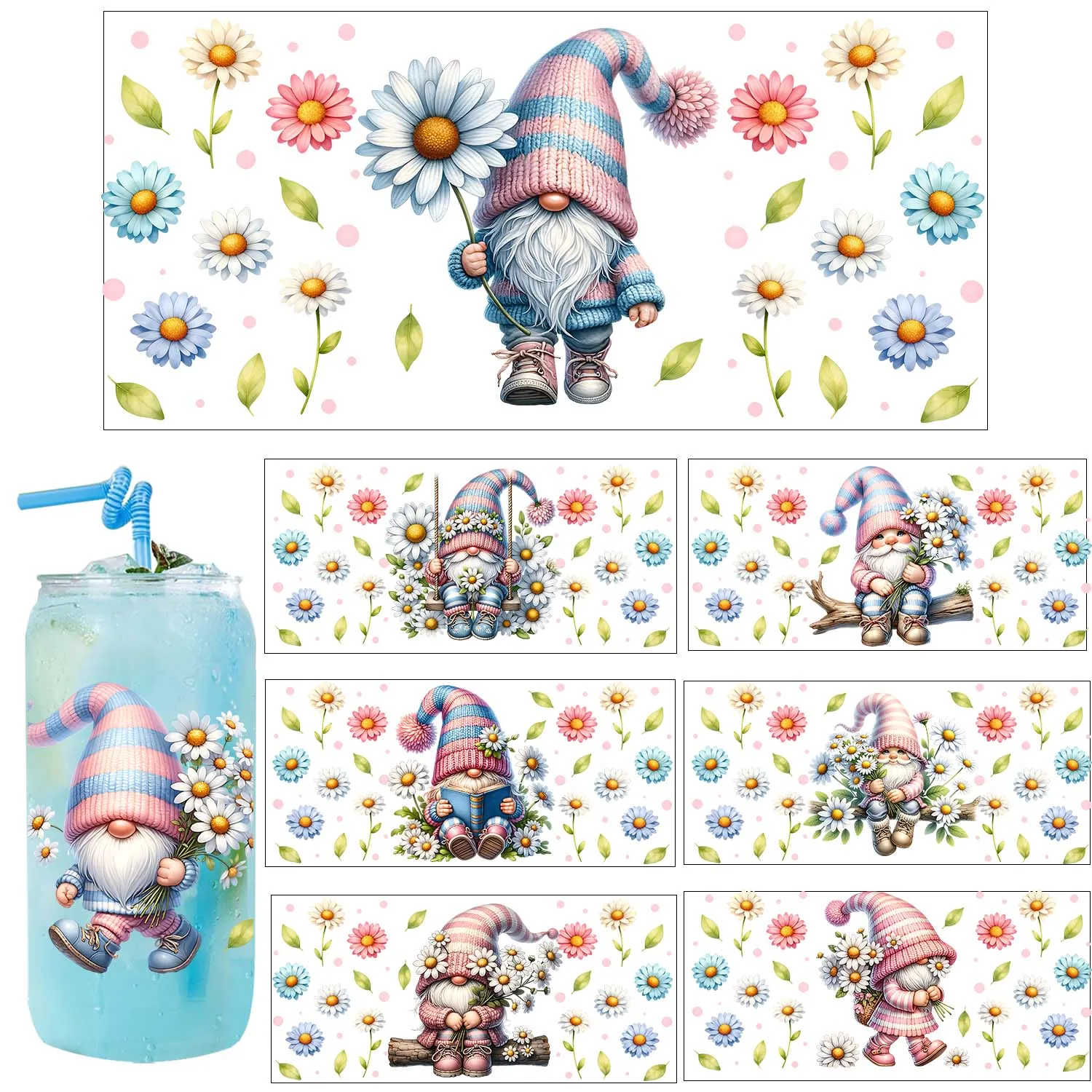 Gnome Cartoon Spring Theme UV Sticker DIY Decals 3D transfers uvdtf tumbler seal stickers 16oz uv dtf cup wraps