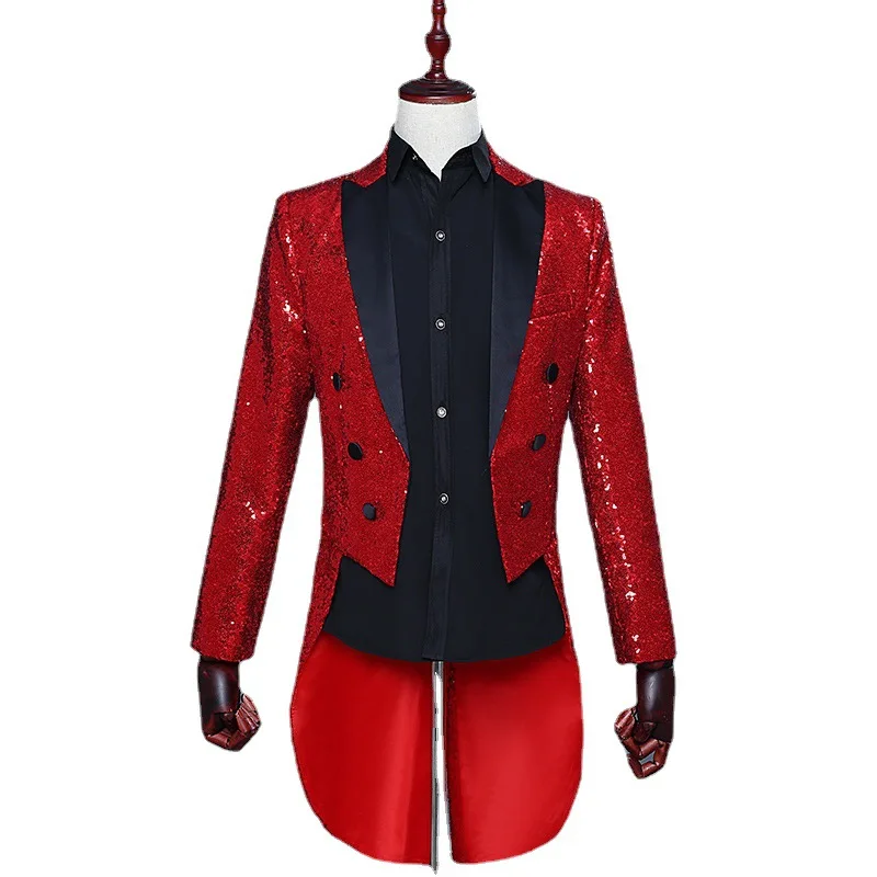 

Magician Sequins Tailcoat Men's Gold Silver Sequined Long Suit Jackets Conductor Singer Nightclub Bar Stage Costume