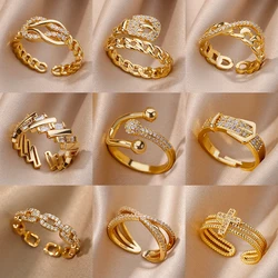 Fashion Chain Hollow Out Rings For Women Gold Color Stainless Steel Zircon Cross Open Ring Trendy Wedding Aesthetic Jewerly Gift