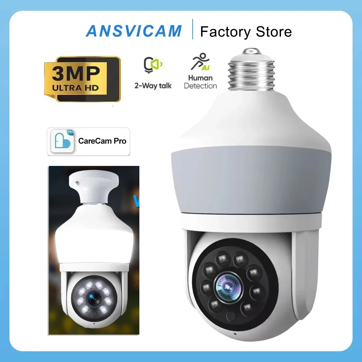 ANSVICAM 2K 3MP WiFi Floodlight Camera 800L Outdoor Wall Light Security Surveillance PTZ E27 Bulb Camera System Wifi Camera