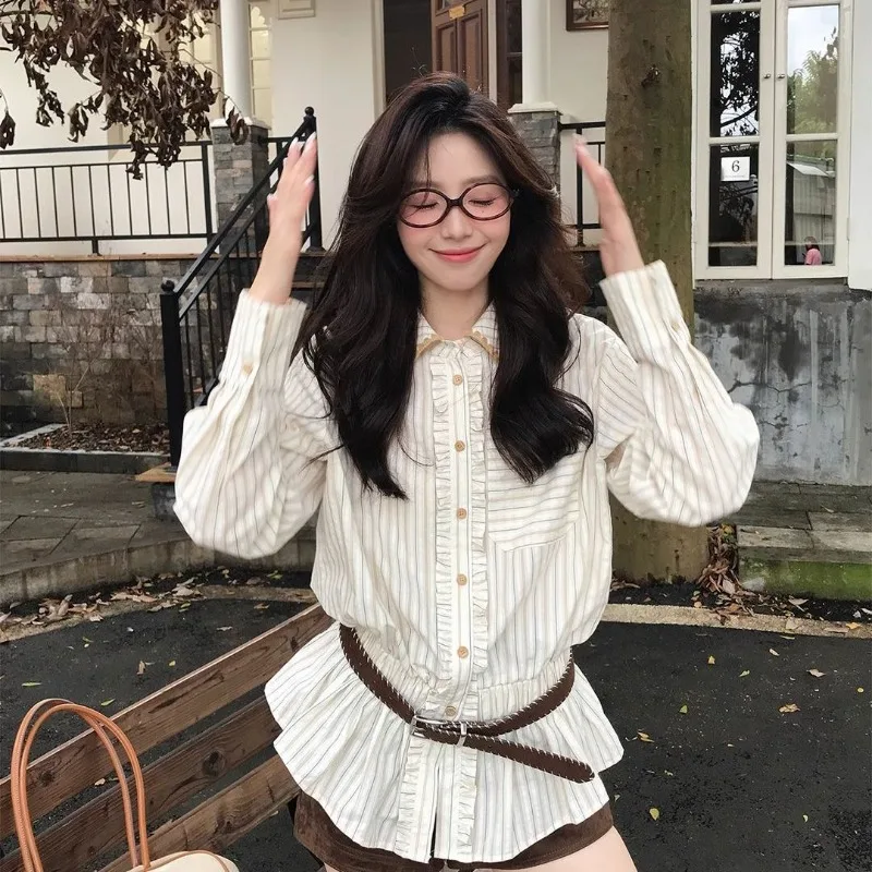 Korean Fashion Constrast Color Turn Down Collar Women Shirt Draped Single Breasted Striped Sweet Clothe French Loose Blouse