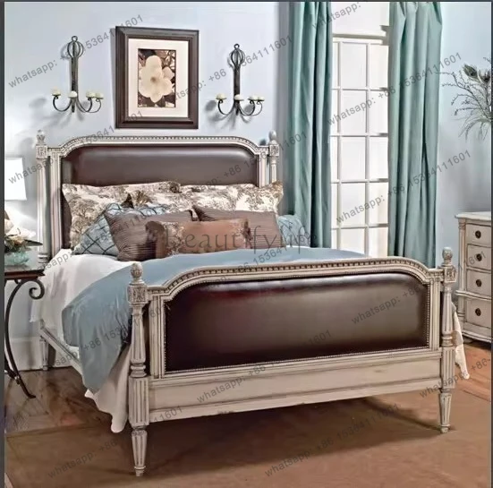 

American country solid wood retro double bed French antique old carved bed