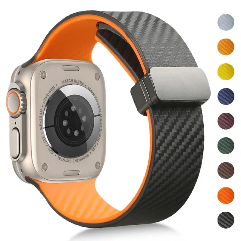 Carbon Fiber Silicone Strap for Apple Watch Band 45mm 44 49mm 41mm 42 40mm 38 Magnetic Bracelet for Iwatch 8 7 6 SE 5 4 3 Ultra