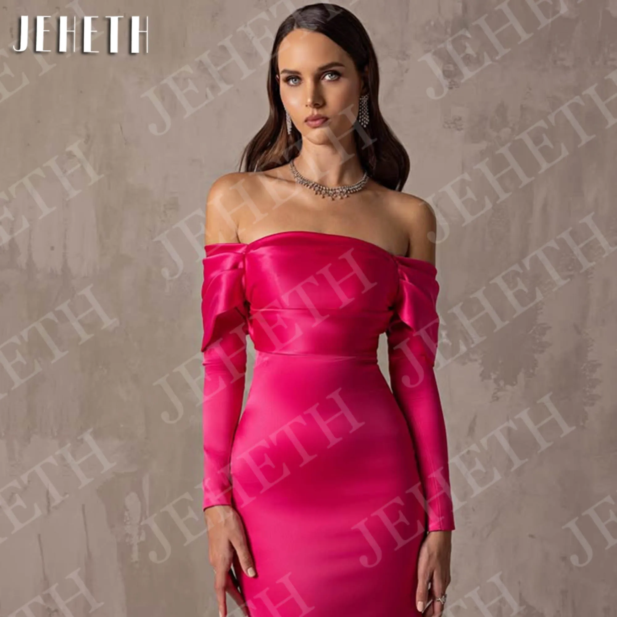 JEHETH Abiti da sera a sirena in raso Abiti da ballo da donna affascinanti con spalle scoperte Abito da cerimonia formale a maniche lunghe Donna personalizzata Satin sirena abiti da sera affascinante donna abiti da bal
