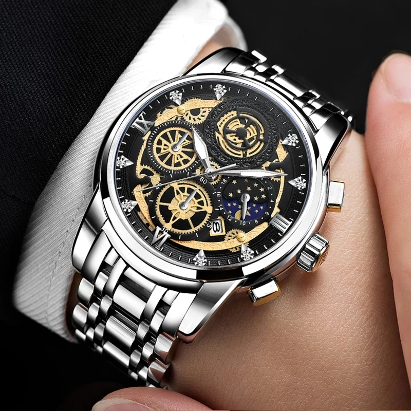 Fashion Men Watch Quartz Movement Automatic Calendar Stainless Steel Luxury Rhinestone Waterproof Elite For Relogio Masculino