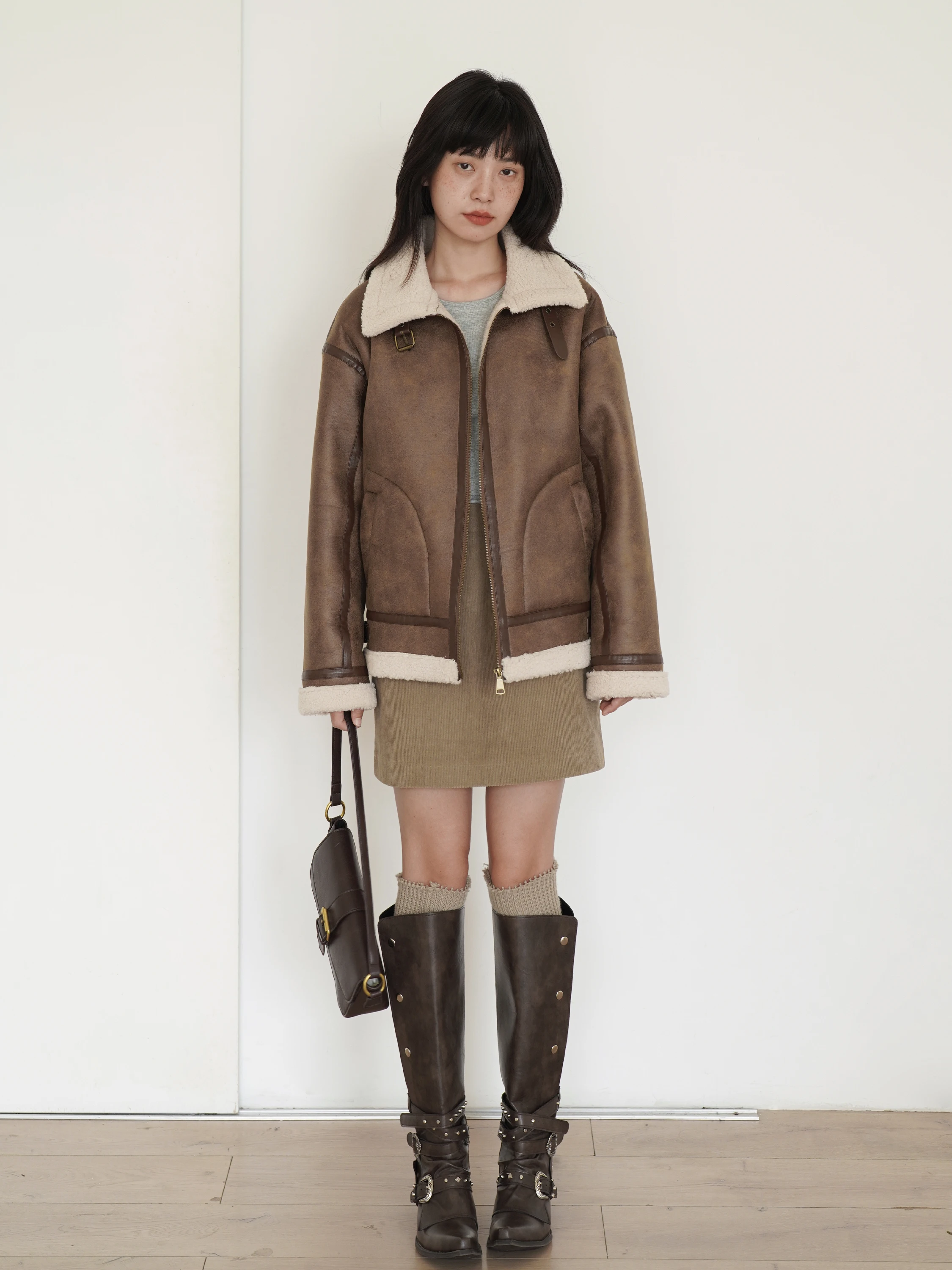 EIGHTHMONTH レディース スエード ジャケット ラムファー裏地付き ルーズ 冬用アウター 通勤 スリーブ ロング スリーブ ポリエステル生地コート