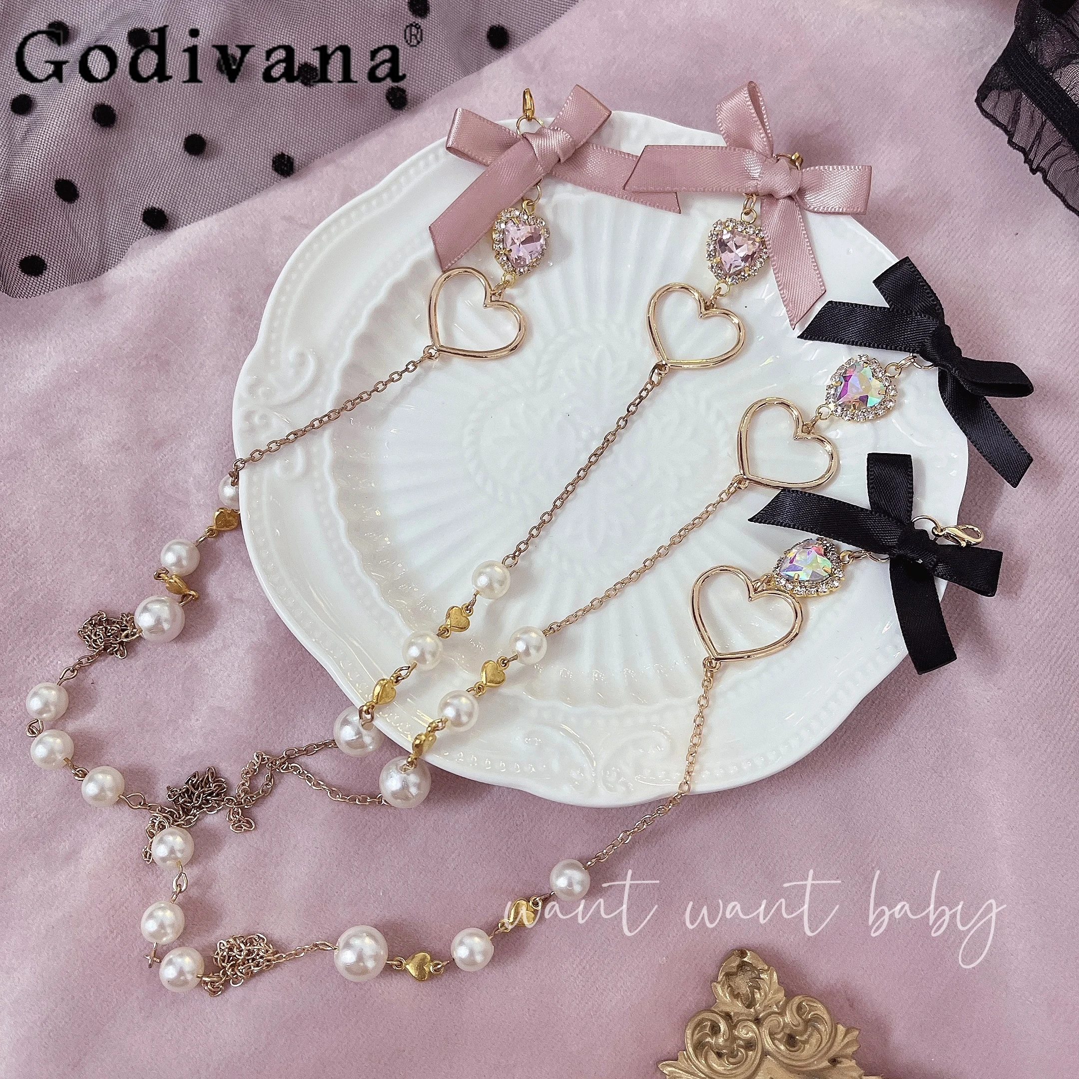 

Original Mine Bow Pearl Rhinestone Lolita Pink Elegant Necklace 2024 Summer New Fashion Girly Sweet Y2k Lolita Eye Chain Women