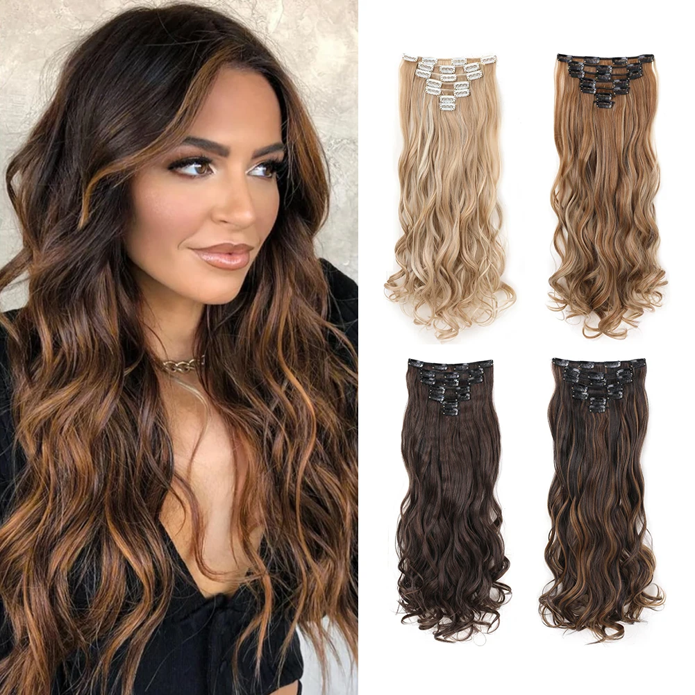 

Clip in Hair Synthetic Extensions 22inch, 7PCS Natural & Soft Hair & Blends Well Lonng Wavy Hairpiece For Women