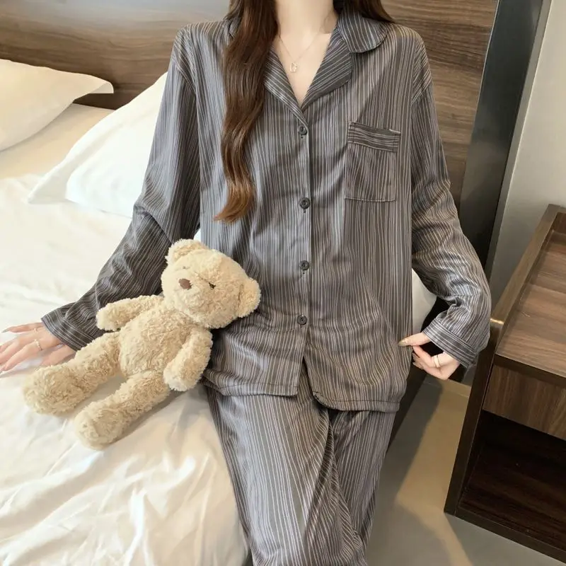 Women Striped Satin Pajama Set Long Sleeve Lapel Button Down Sleepwear Loungewear Pijama Mujer Pyjama Femme Soft Cozy 2026 New