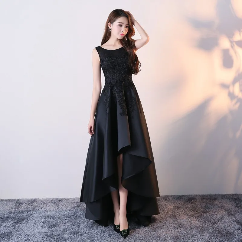 Solid Elegant Slim Fit Evening Dresses Niche O-neck Front Short Back Long Design Prom Vestidos Appliques Sleevess Formal Dress