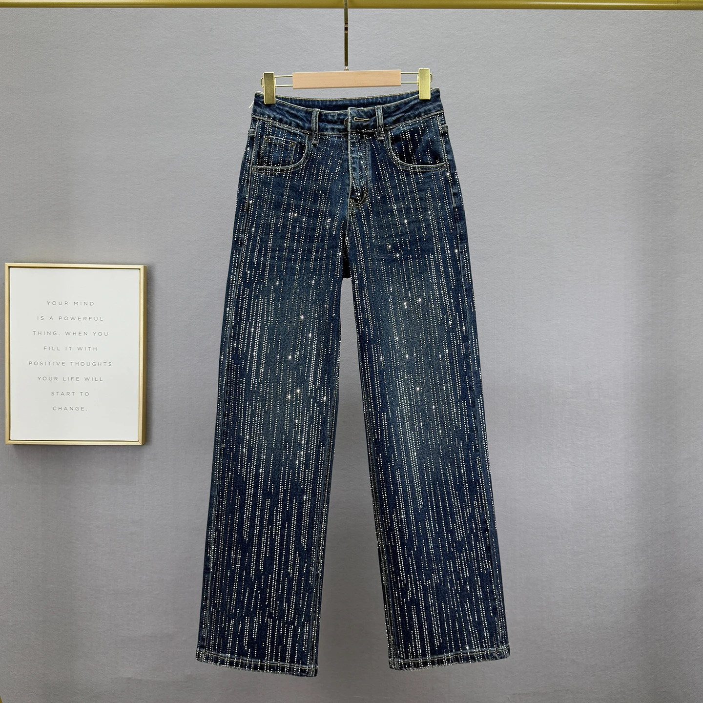 

Heavy-duty Full Rhinestone Denim Wide-leg Pants for Women, Trendy 2025 Autumn New High-waisted European Style Extended Pants