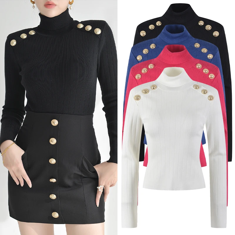 

Высококачественный парижский роскошный вязаный свитер, женский облегающий длинный свитер с высоким воротником и золотыми пуговицами, осень-зима, сле