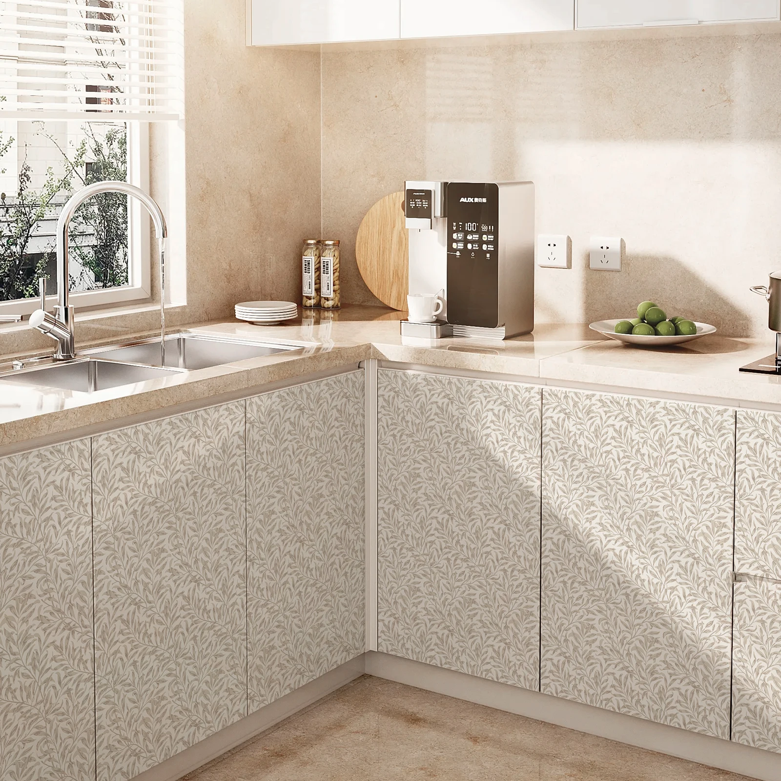 فروع خضراء ورق جدران من الفينيل قابل للتقشير واللصق مقاوم للماء لخزانة الأثاث ملصق ذاتي اللصق بيج لتزيين جدران المنزل #4