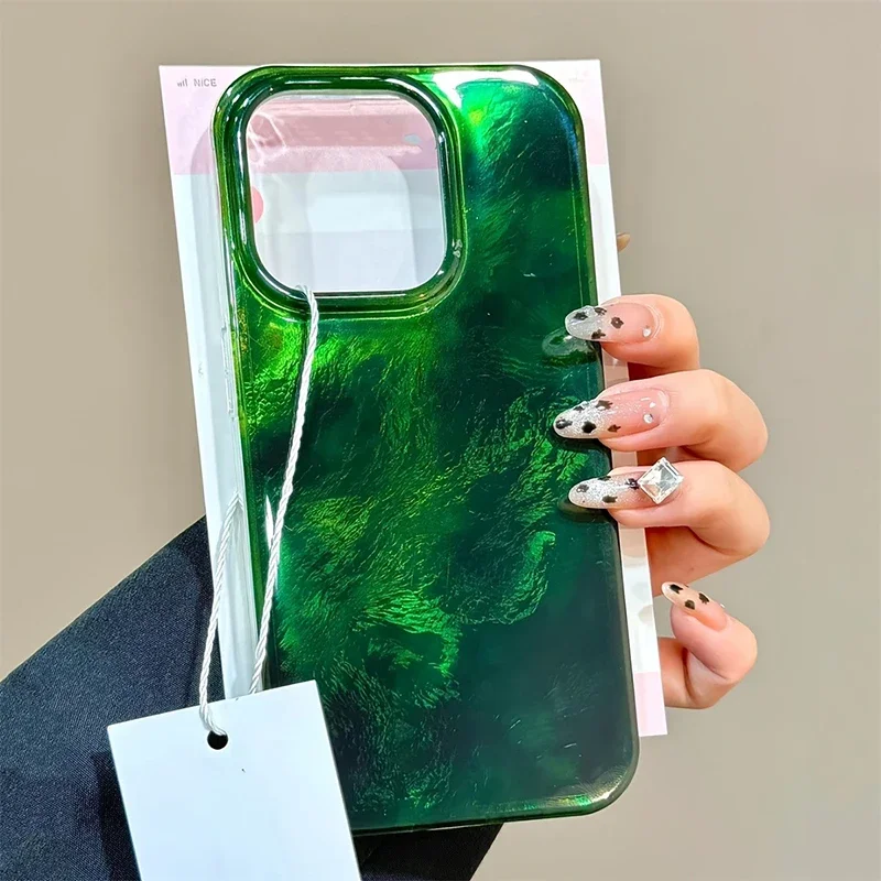 Phone Case For iPhone 11 12 13 14 15 16 Pro Max XS X XR 7 8 Plus SE2 Cute Gradient Laser Glacier Green Pattern TPU Bumper Cover