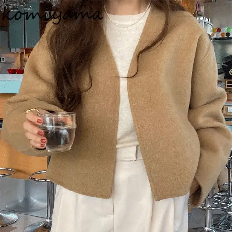 Komiyama Fashion Simple Jackets V Neck Long Sleeve Coats Minimalist Spring Winter Clothes Women Solid All Match Workwear