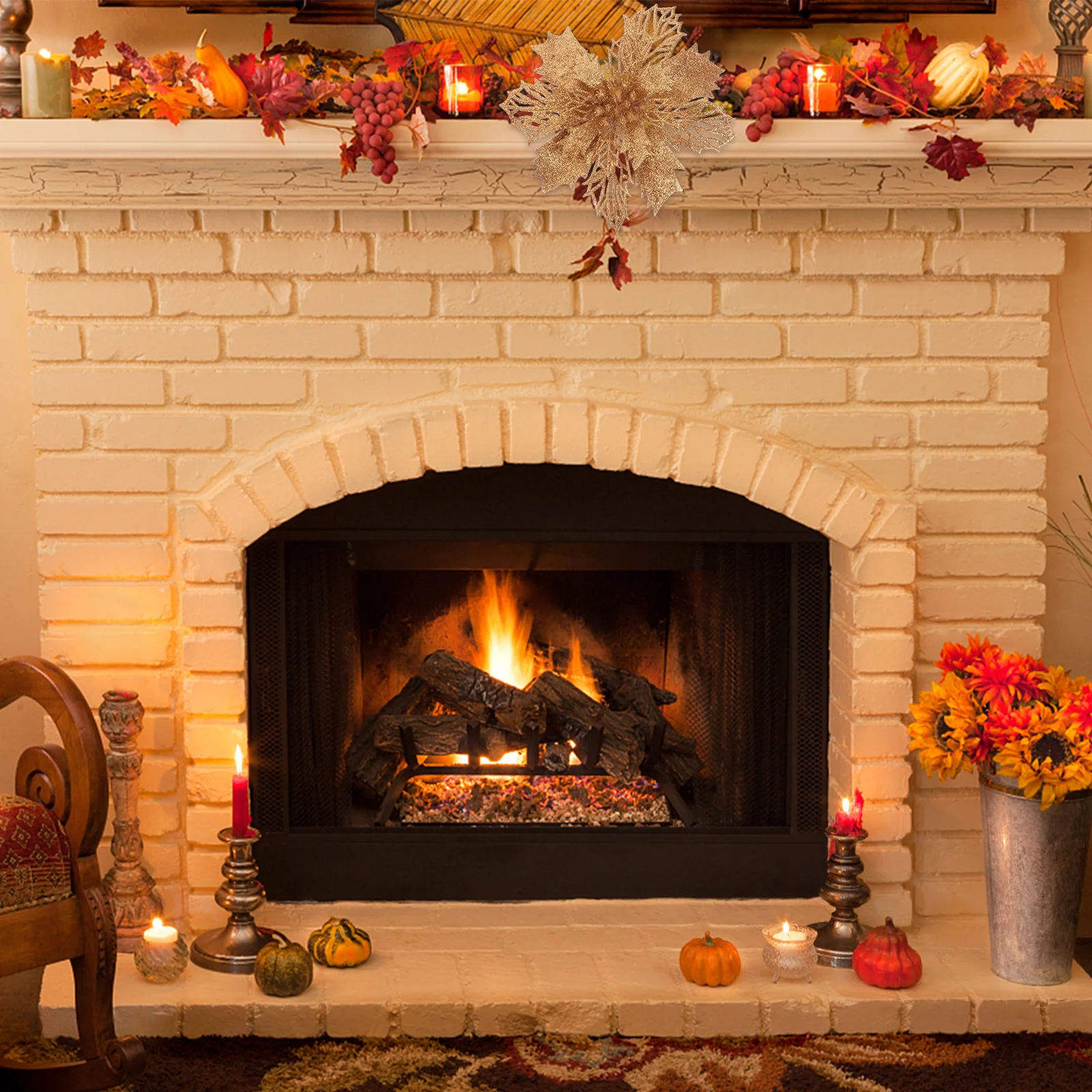 

1Set Christmas Tree Poinsettia Flowers 12 Pieces Glitter Clip-on Hollow Artificial Simulation Flowers Holiday Ornament