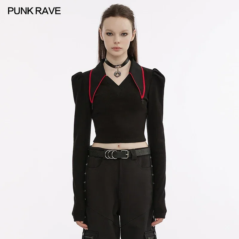 

PUNK RAVE Women's V-neck Pointed Color Princess Long Sleeve Collect Waist T-shirt Punk Daily Sexy Slim Black Tops Girl Clothing