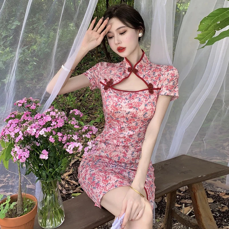 

Women Chinese Style Retro Cheongsam Elegant Floral Print Slim Qipao Party Dress Oriental Sexy Bodycon Dresses Vintage Vestidos