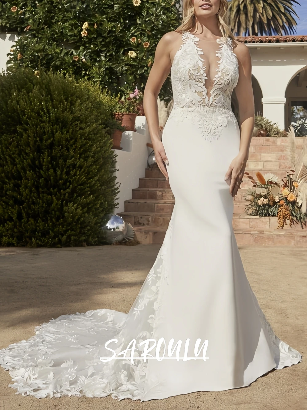 

Elegant Lace Sheath Wedding Dresses for Women 2025 Sleeveless Illusion Chest Part Court Train Customized Bridal Gowns