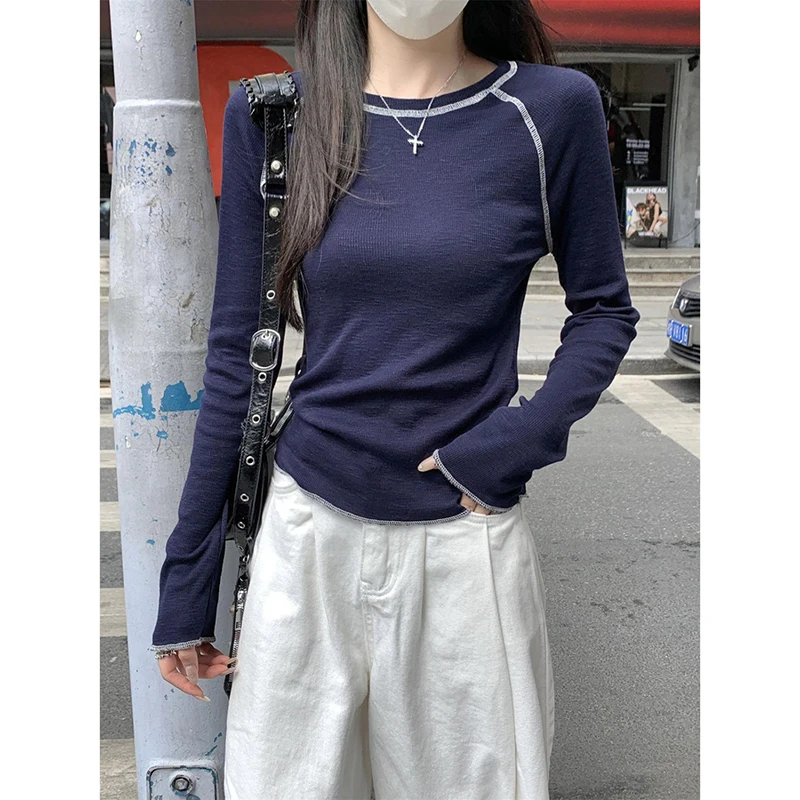 قميص نسائي بأكمام طويلة وياقة مستديرة بتصميم ضيق على الطراز الكوري للعمل والموضة بمقاسات كبيرة وأسلوب كاجوال للشارع