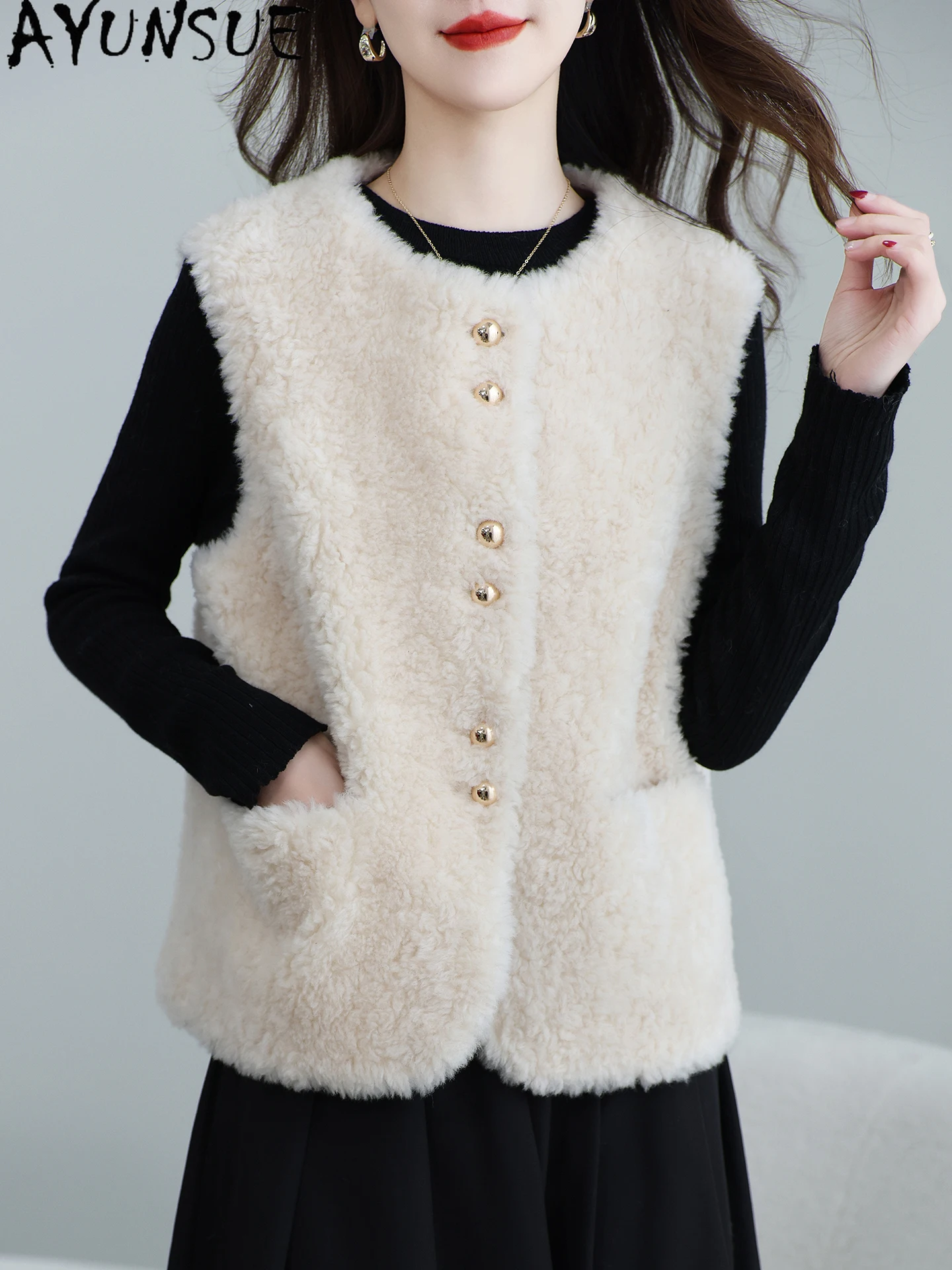 เสื้อกั๊กขนสัตว์แท้ 100% ยี่ห้อ AYUNSUE สำหรับผู้หญิง ทำจากขนแกะ ไม่มีแขน เสื้อแจ็คเก็ตสำหรับผู้หญิง ฤดูใบไม้ร่วง ฤดูหนาว เสื้อผ้าปี 2025  เสื้อโค้ทขนสัตว์ผสม