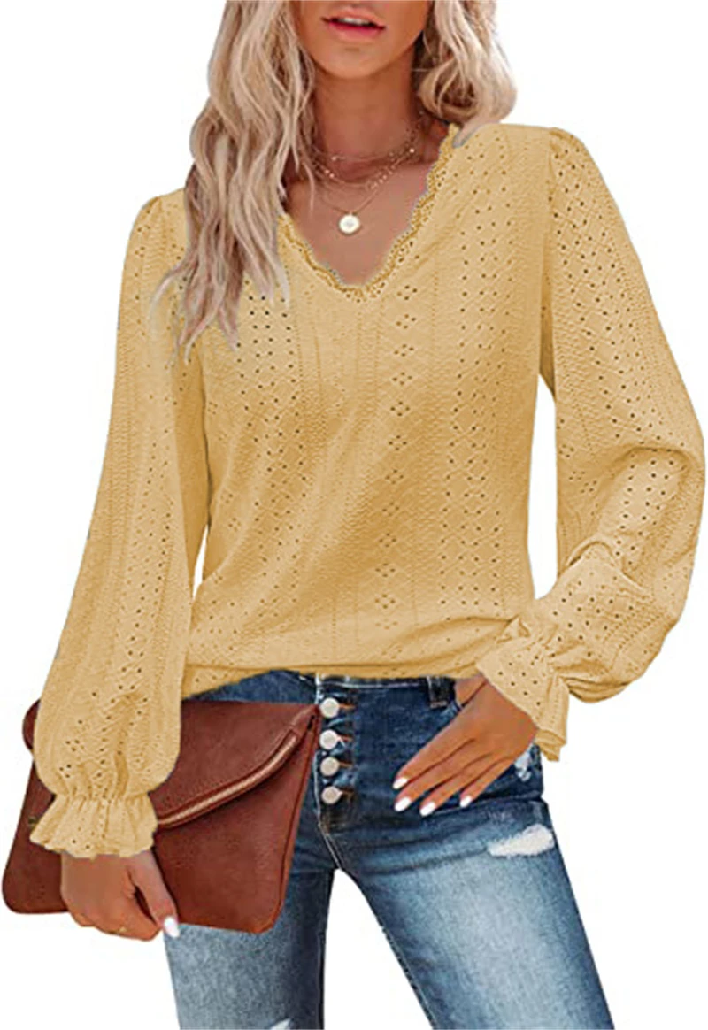 2022 Autumn Winter Hollow Style Women's Top Casual Pleated Long Sleeved V-Neck T-Shirt Pullover Fashion New Design Shirt