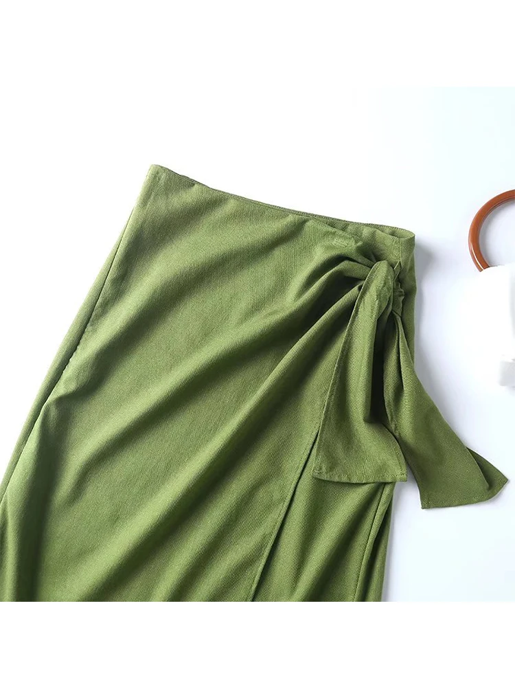 YENKYE 2022 New Women Green Linen Cotton Wrap Midi Skirt Vintage Ladies High Waist Summer Faldas  Mujer