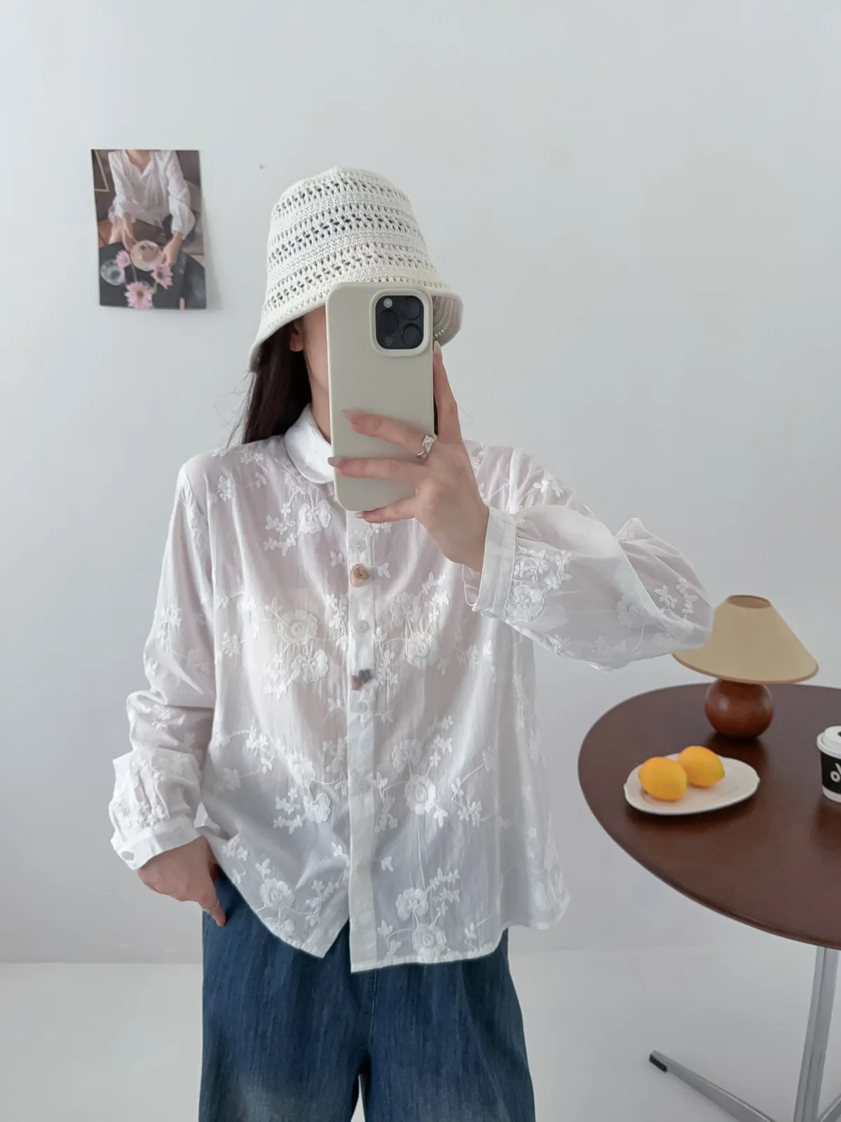 جديد 2025 الخريف قميص قطني بكم طويل ، المرأة بدوره إلى أسفل طوق التطريز ، موري فتاة الحلو البراري شيك بلوزة فضفاضة T5O455CC #4