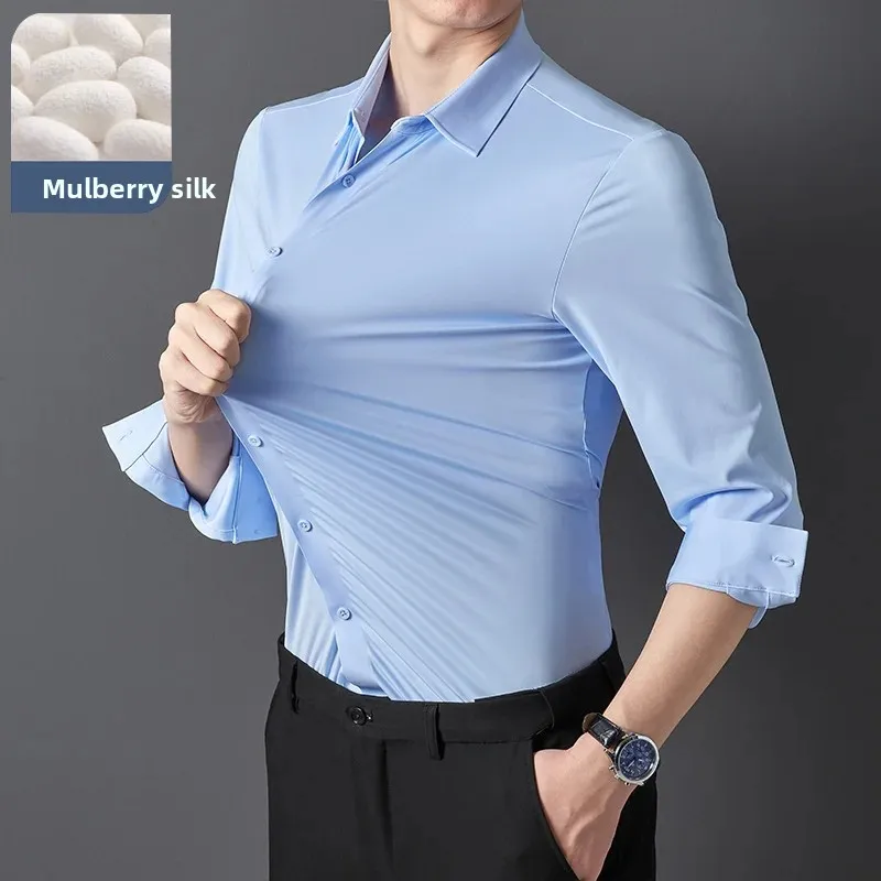 Mulberry silk shirt men's long sleeved high elasticity, no ironing, no marks, light luxury business casual shirt