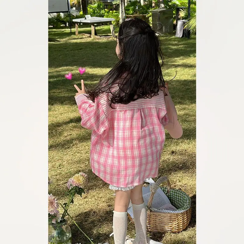 

Girls Shirts Children Clothes 2024 Korean Style Fashion Casual Plaid Shirt New Design Sense Loose Coat Top All Match Sweet