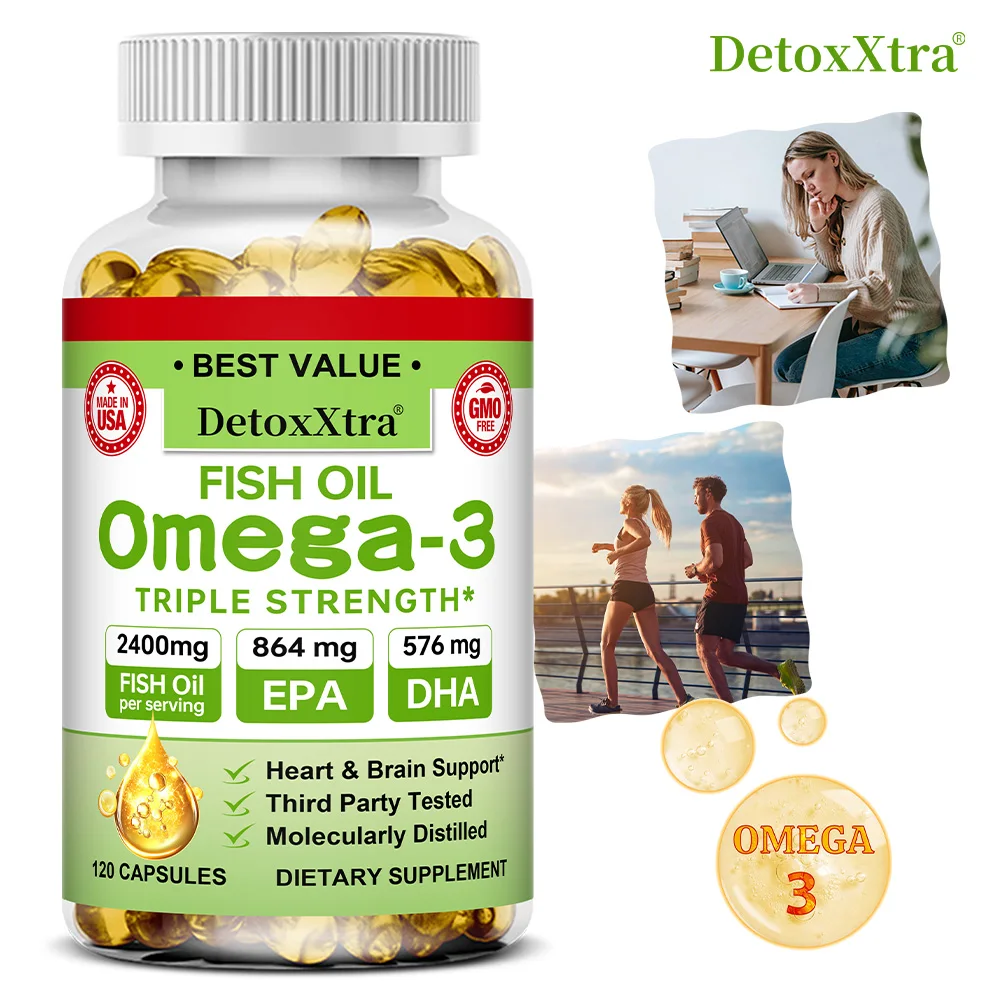 

Triple Strength Fish Oil Omega-3 Capsules - 2400 Mg Fish Oil, 864 Mg EPA, 576 Mg DHA - Supports Brain, Eye, and Heart Health