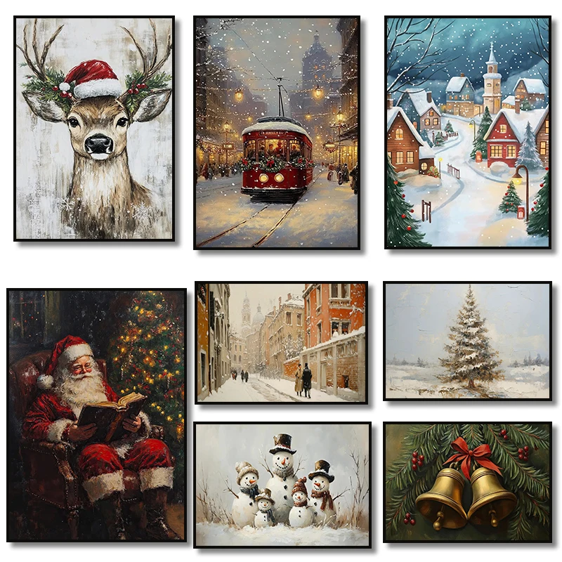Cabin Snowy Night Snowy Village Winter Scene Christmas Tree Town Deer Poster Canvas Painting Print Wall Art Picture Home Decor
