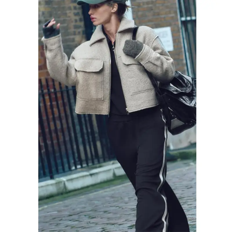 Automne hiver femmes Faion Long Sve col cranté ort Jaet manteau perle Fce polyvalent coupe ample longueur régulière Zi...