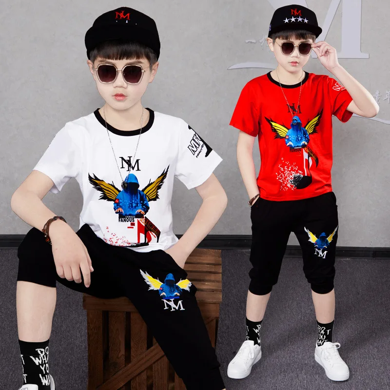 2024 summer Teenager Boys Clothes Casual Outfit Kids Tracksuit Children set loose print t shirt + fifth pant 4 5 6 7 12 Year