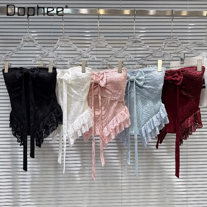 

Новинка Весна 2026: Сексуальный облегающий топ-бюстье с кружевной отделкой, бантом и вырезом на плечах в корейском стиле, тренд Ins