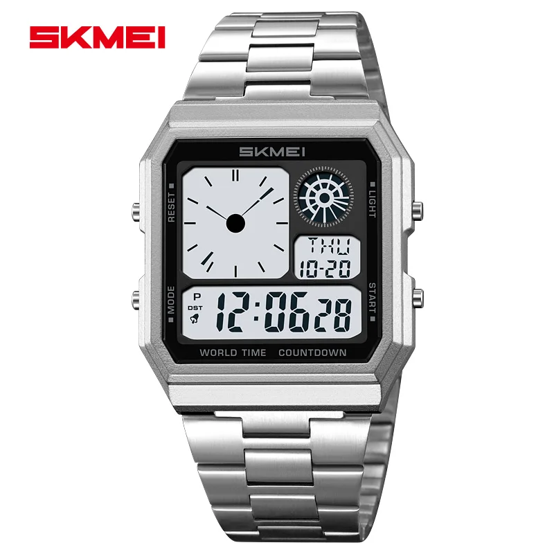 SKMEI Waterproof Outdoor Sport Stainless Steel Strip Wristwatches World Time Digital Electronic Watch For Men Women Reloj Hombre