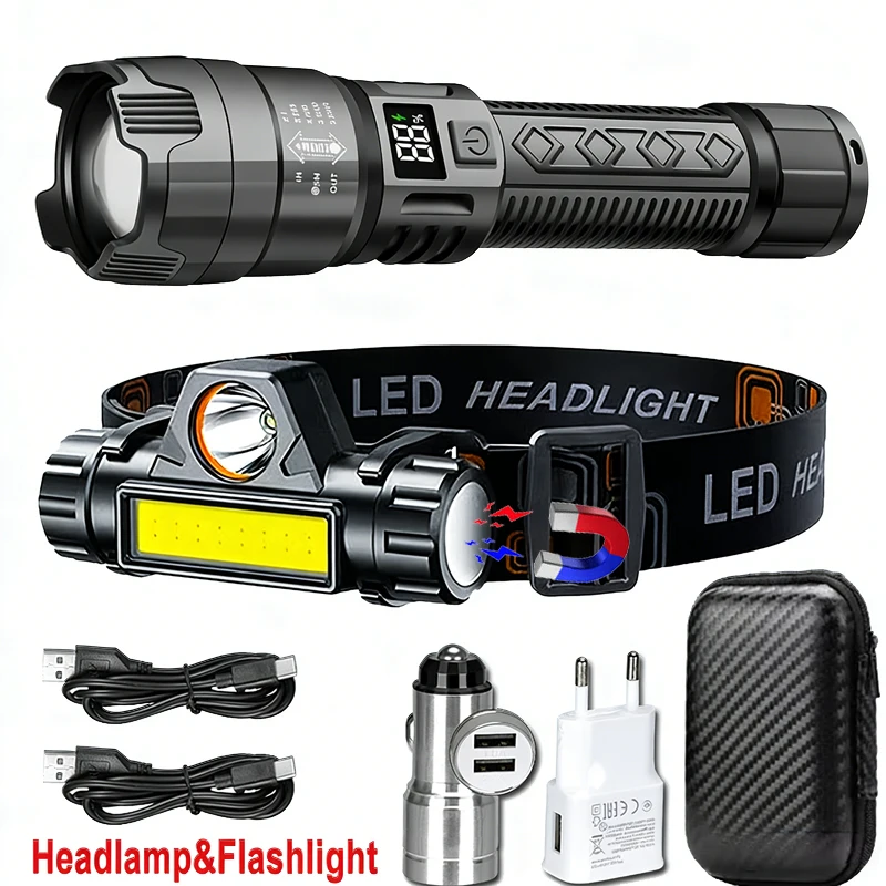 High Power 1000LM LED Flashlight Built-in Battery USB Rechargeable Strong Light Tactical Torch Outdoor Camping Hiking Lantern