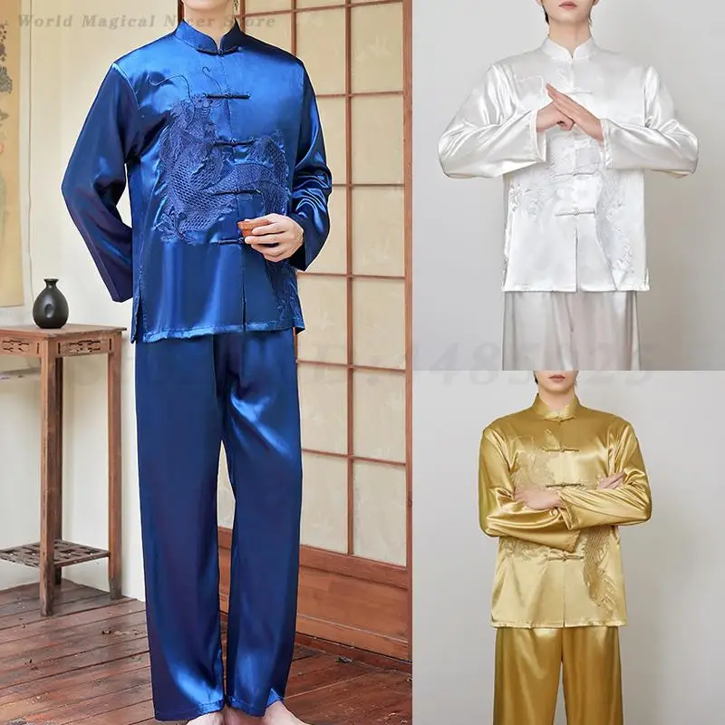 

Традиционная китайская одежда Тан, костюм дракона с вышивкой тай-чи, ушу, костюм с длинными рукавами, кунг-фу, наряд для боевых искусств, рубашка из 2 предметов, брюки