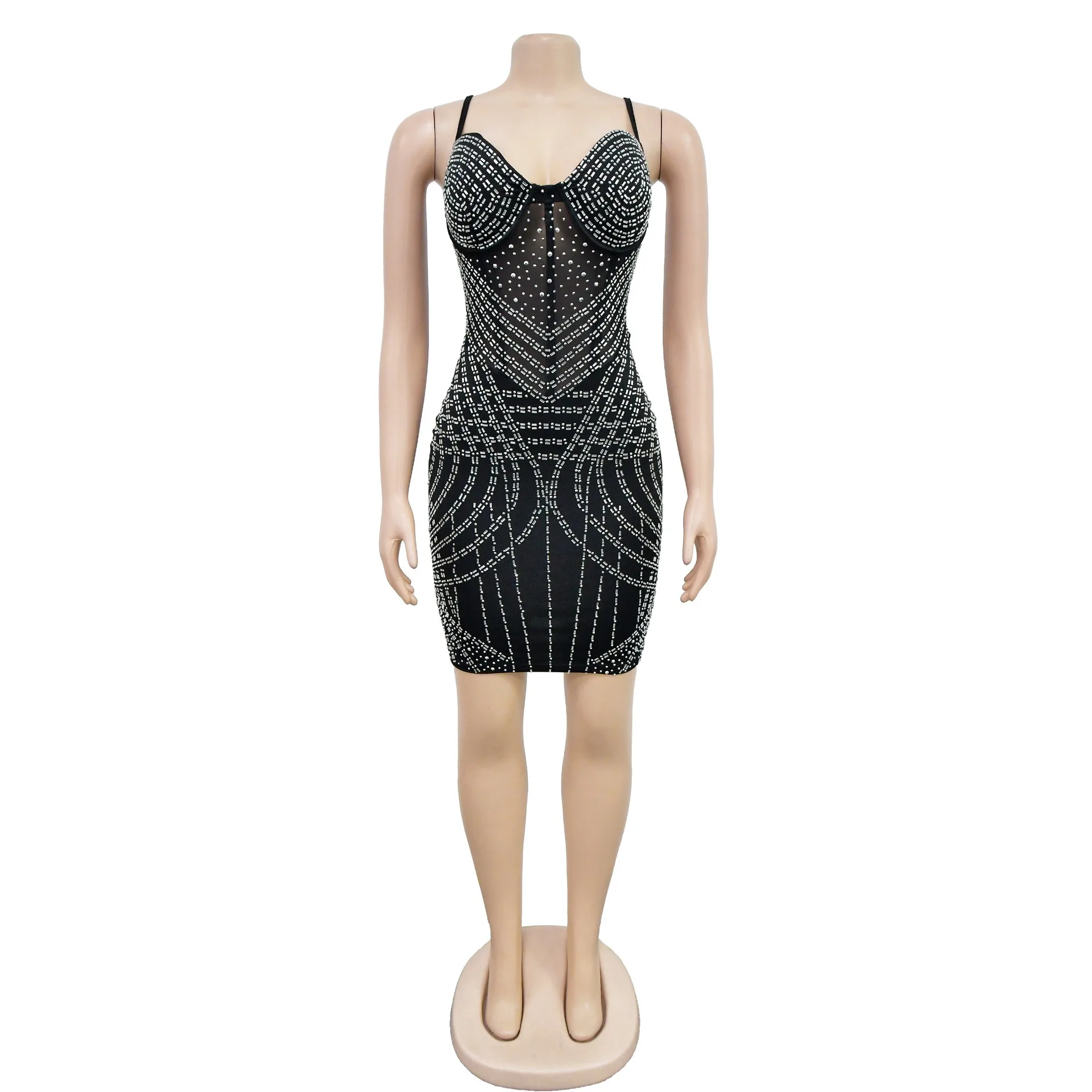 

Sexy Nightclub Party Prom Club Banquet Solid Color Mesh Hot Rhinestone Halter Short Dresses