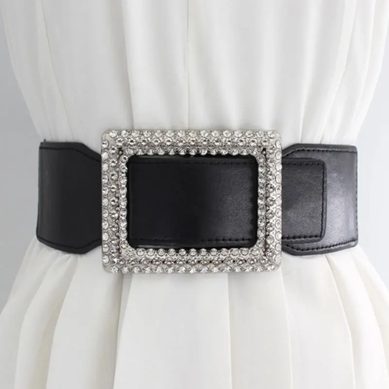 

Women Black Waist Belt Elastic Wide Waistband Lady Square Buckle Girdle Golden Buckle Waist Straps Coat Sweater Dress Decorative